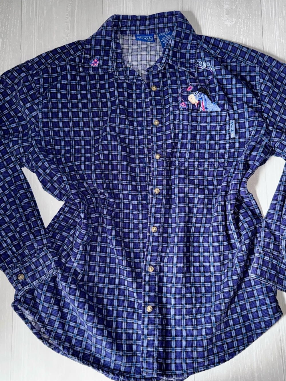 Vintage Blue Plaid Embroidered eeyore Button-Up Shirt Pooh